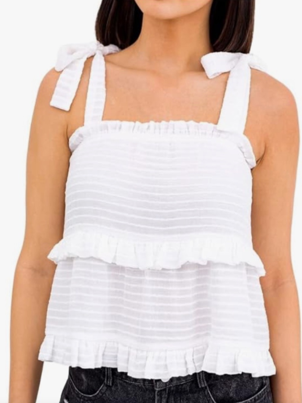 LE LIS Collection - White Ruffled Top with Shoulder Ties, Tiered, Lined, Size M